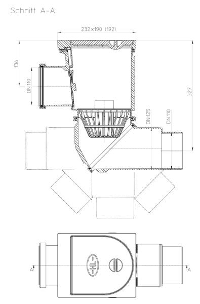 Regensinkkasten mit seitlichem Anschluss DN110 für Regenfallleitungen, Abgang DN110/125, Sichtteile Guss, Drehgelenk, Laubfangkorb, Geruchsklappe und Deckel HL600NGHO